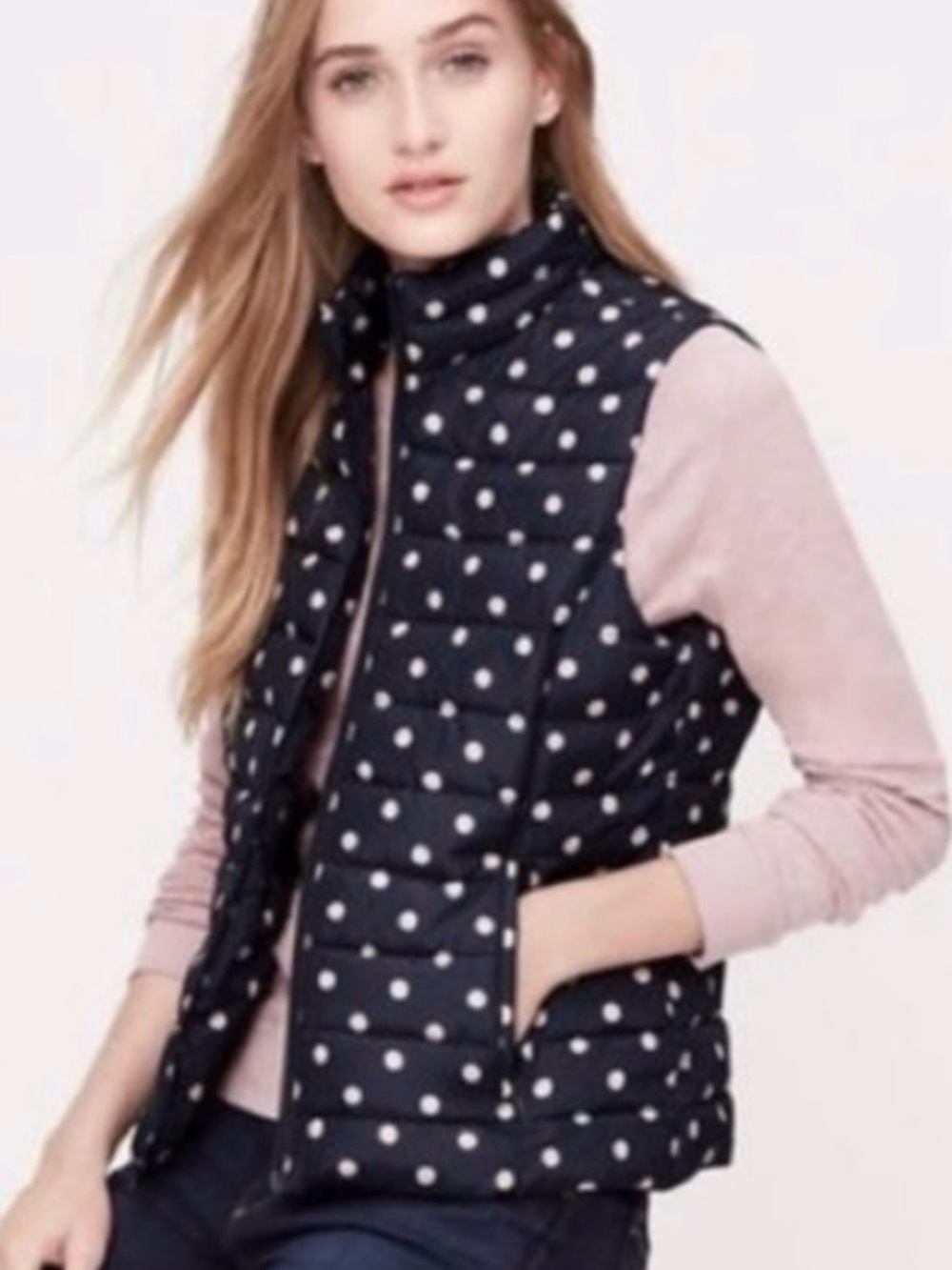 LOFT Brown Polka Dot Puffer Vest XS Beige Dot Quilted Zip Front Jacket